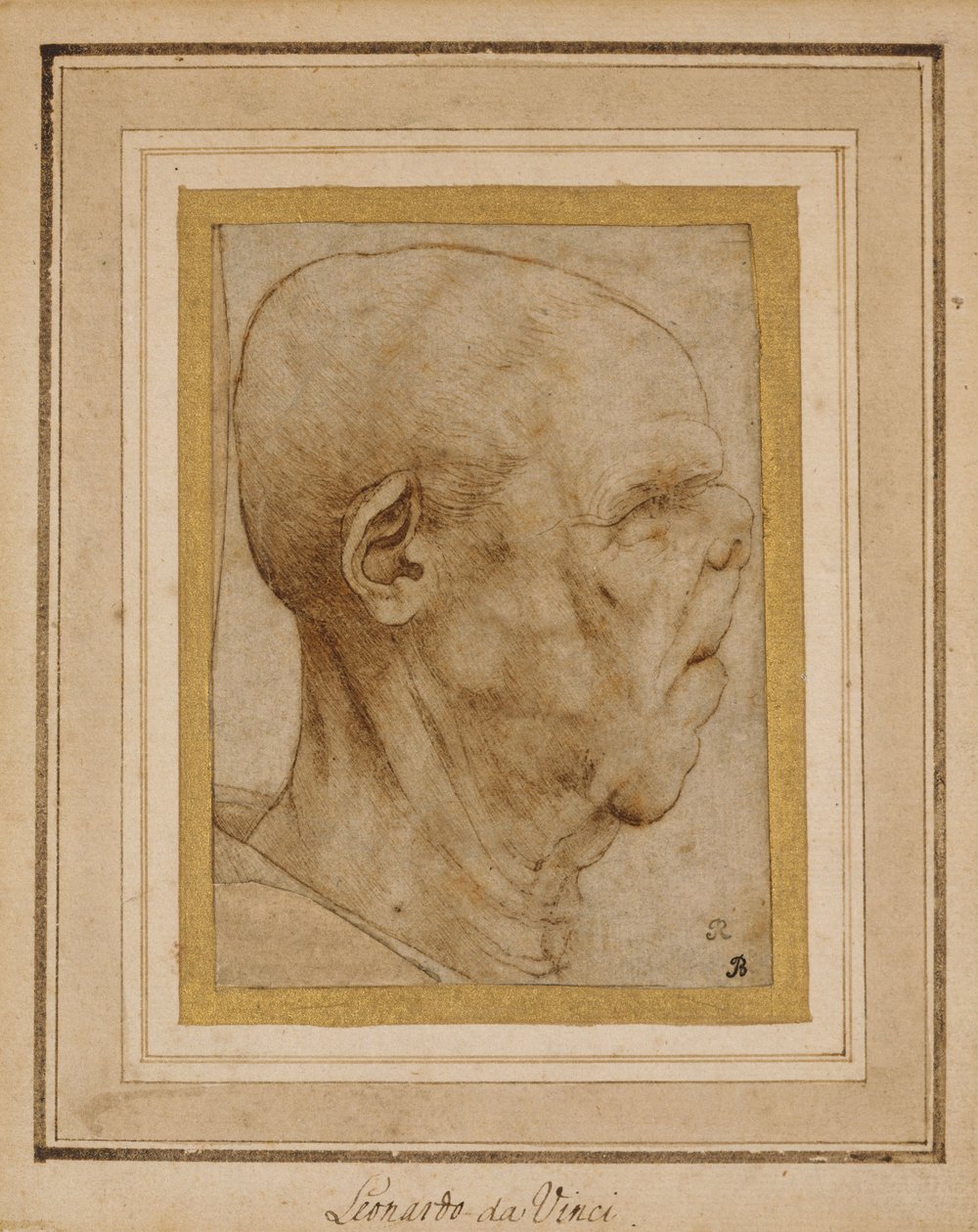 Karikatur av hodet til en gammel mann, i profil til høyre, ca. 1507 av Leonardo da Vinci