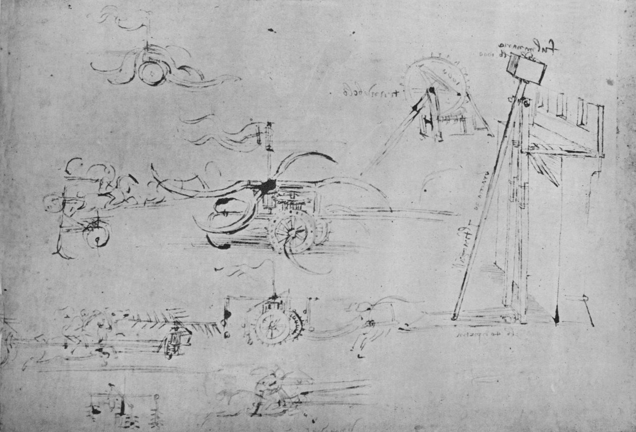 Vogne bevæpnet med ljåer og slager og rytter med tre lanser, c1480, 1945 av Leonardo da Vinci