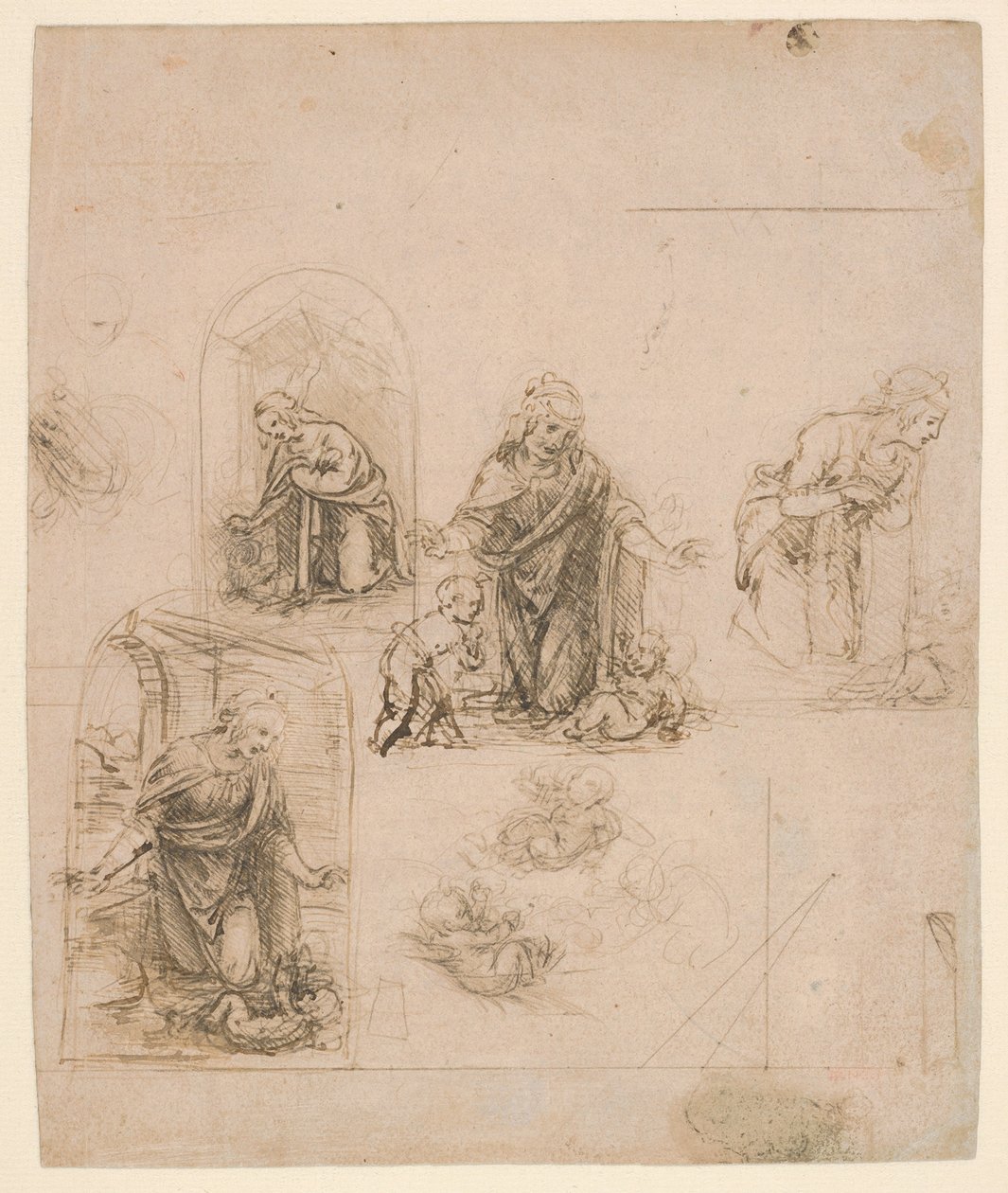 Komposisjonsskisser til Jomfruen som tilber Kristusbarnet, med og uten den lille Johannes Døperen; diagram over en perspektivisk projeksjon (forside); lette skriblerier (bakside) av Leonardo da Vinci
