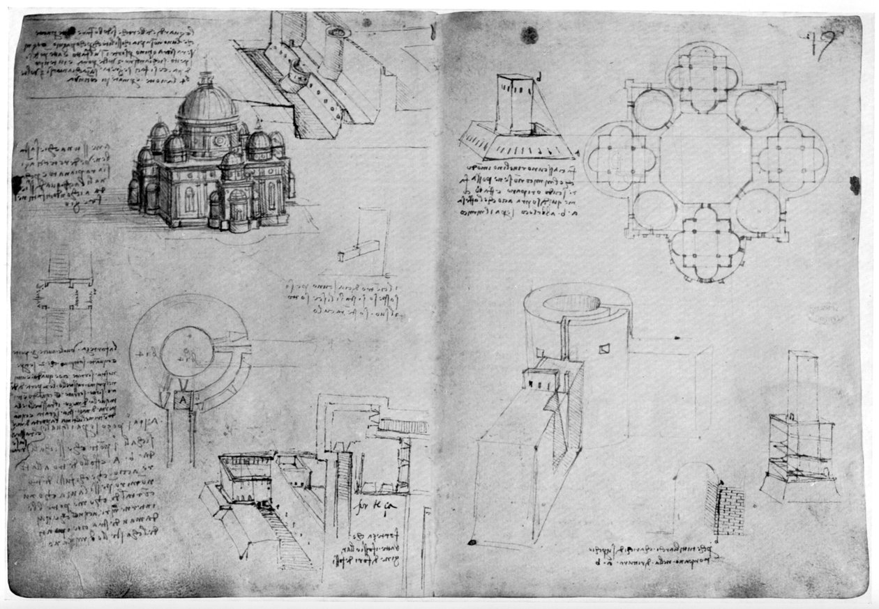 Design for en sentralisert bygning, sent på 1400- eller tidlig på 1500-tallet 1954. av Leonardo da Vinci