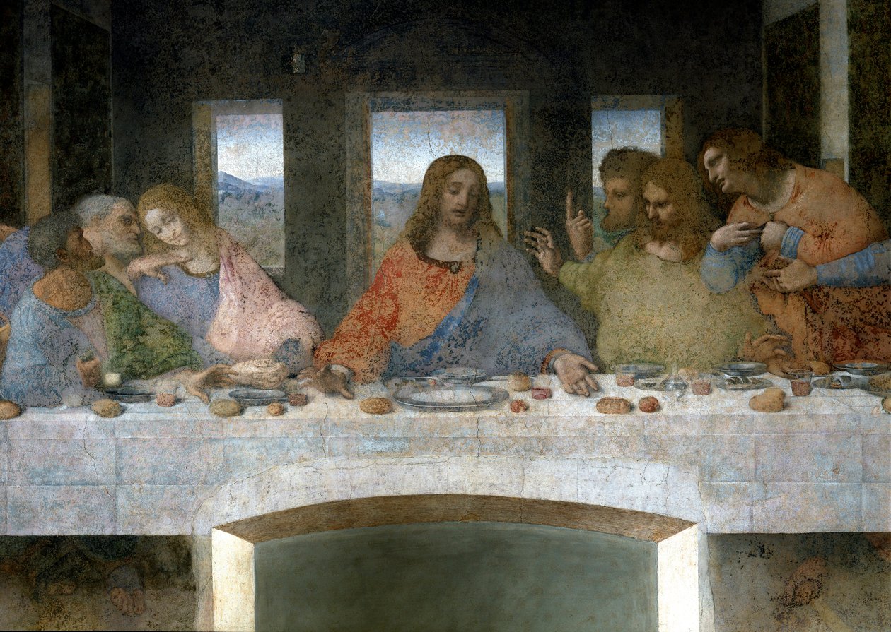 Detalj av Cene (Il Cenacolo (Ultima Cena)) som til venstre representerer apolene Judas, Peter og Johannes, Kristus i sentrum og apolene Thomas, Jakob majoren og Filip. Bokstaven V mellom Johannes og Kristus vil referere til gralens beger eller th av Leonardo da Vinci