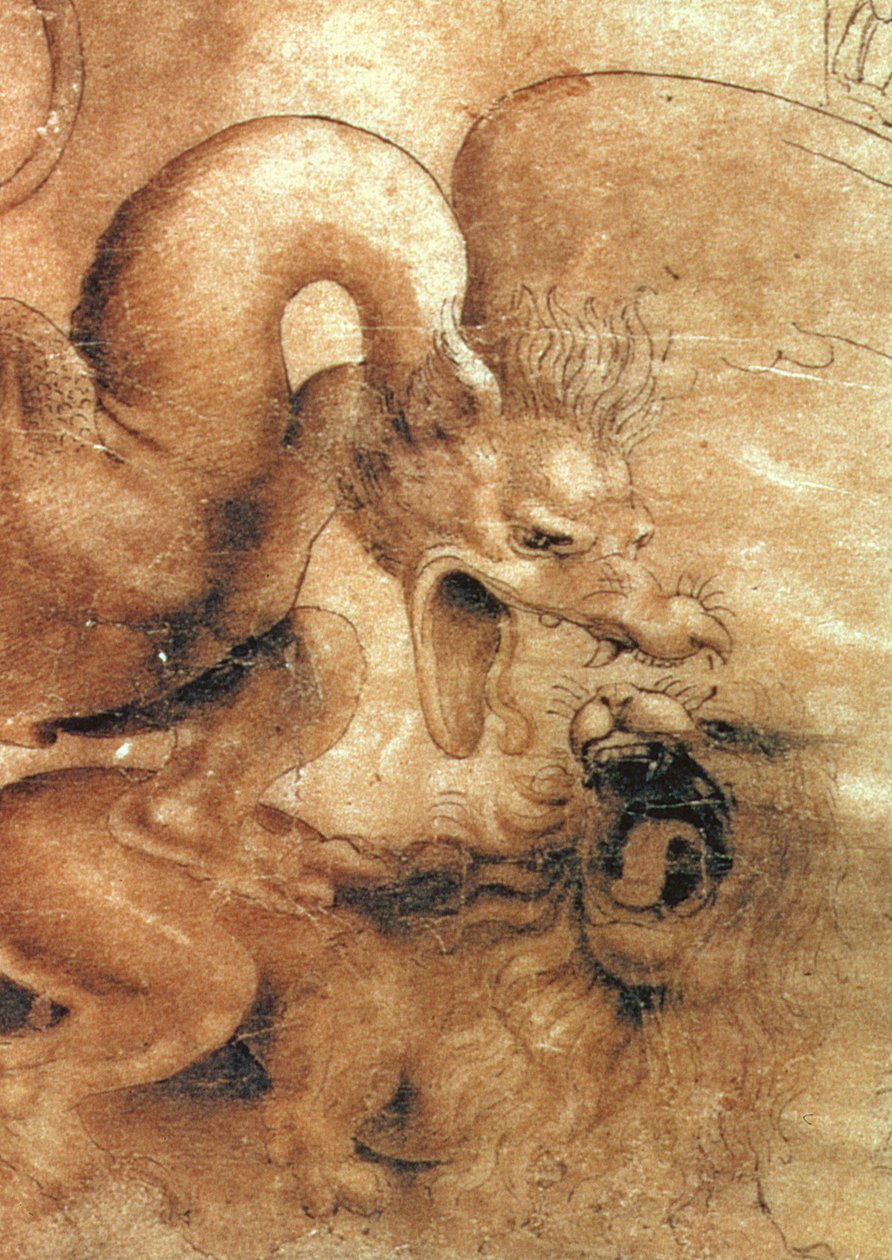 Detalj av dragen fra tegningen Kamp mellom en drage og en løve brunt blekk med vask på papir av Leonardo da Vinci