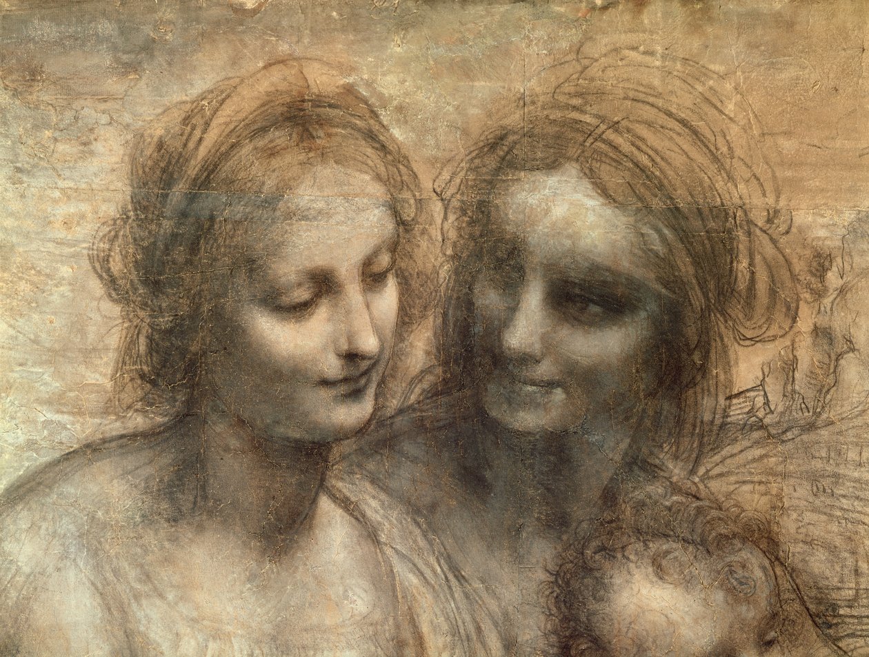 Detalj av Jomfruens og St. Annes hoder, fra Jomfruen og barnet med SS. Anne og døperen Johannes, ca. 1499 (kull og hvitt kritt på papir, montert på lerret) av Leonardo da Vinci