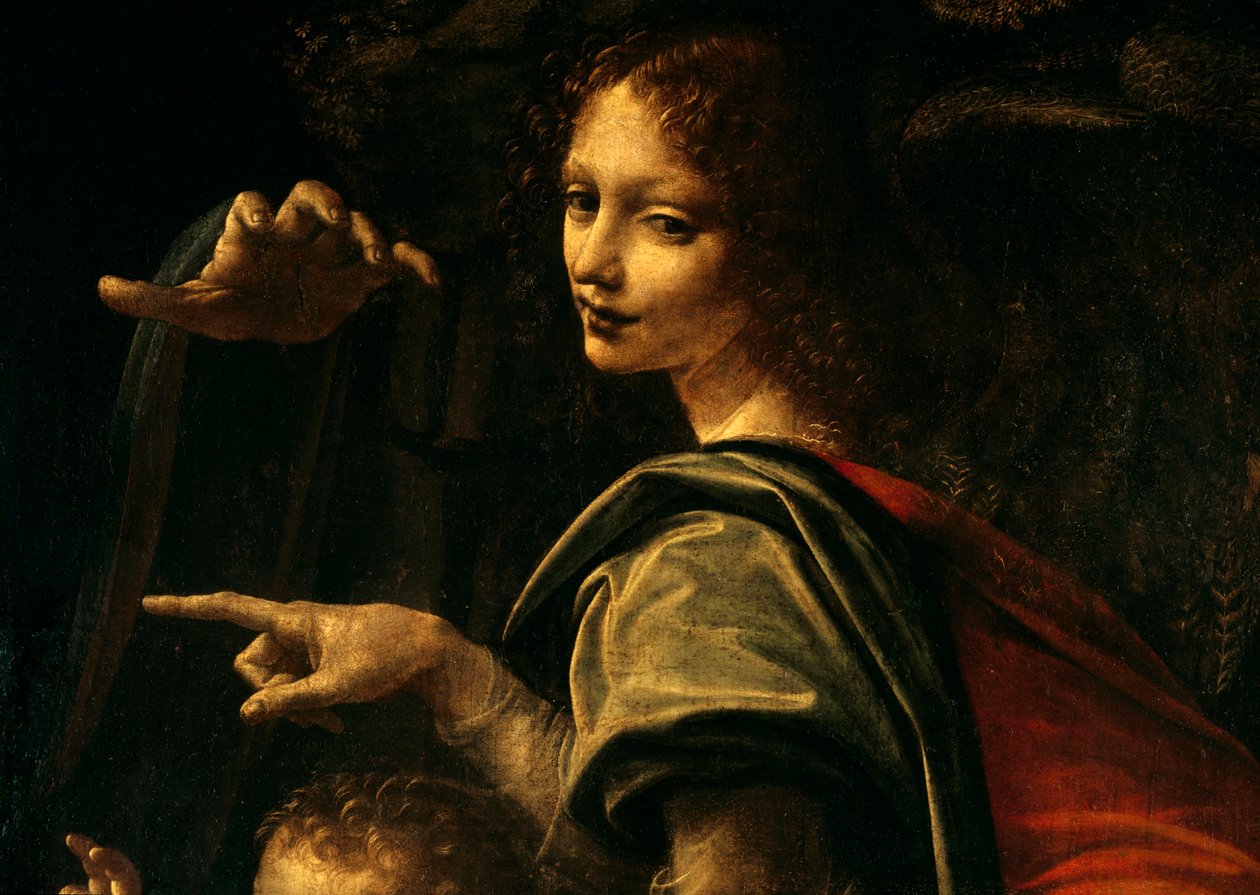 Detalj av jomfruen med steiner, døperen Johannes pekefinger og hånd til jomfru Maria av Leonardo da Vinci