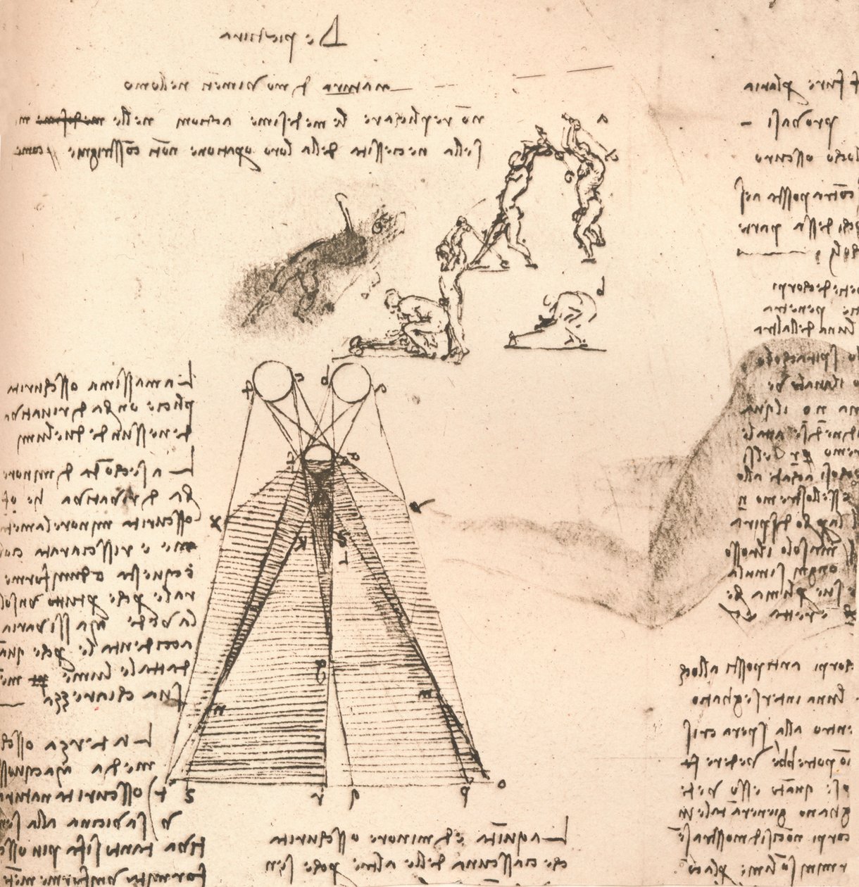 Diagram som illustrerer teorien om lys og skygge og skisser av figurer, c1472-c1519 1883 av Leonardo da Vinci