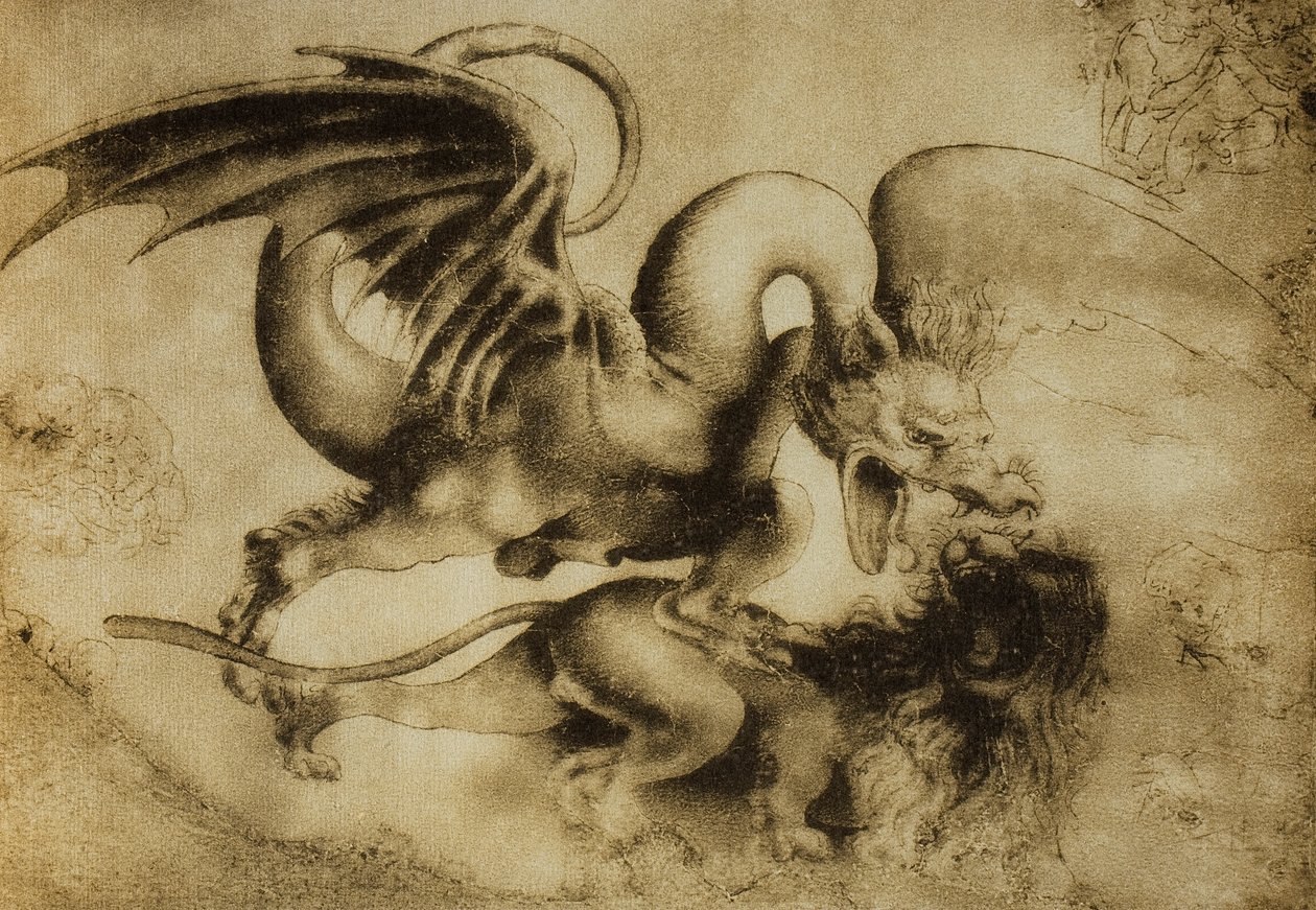Drage dreper en løve, tegning av Leonardo da Vinci. Cabinet of Drawings and Prints, Uffizi Gallery, Firenze av Leonardo da Vinci
