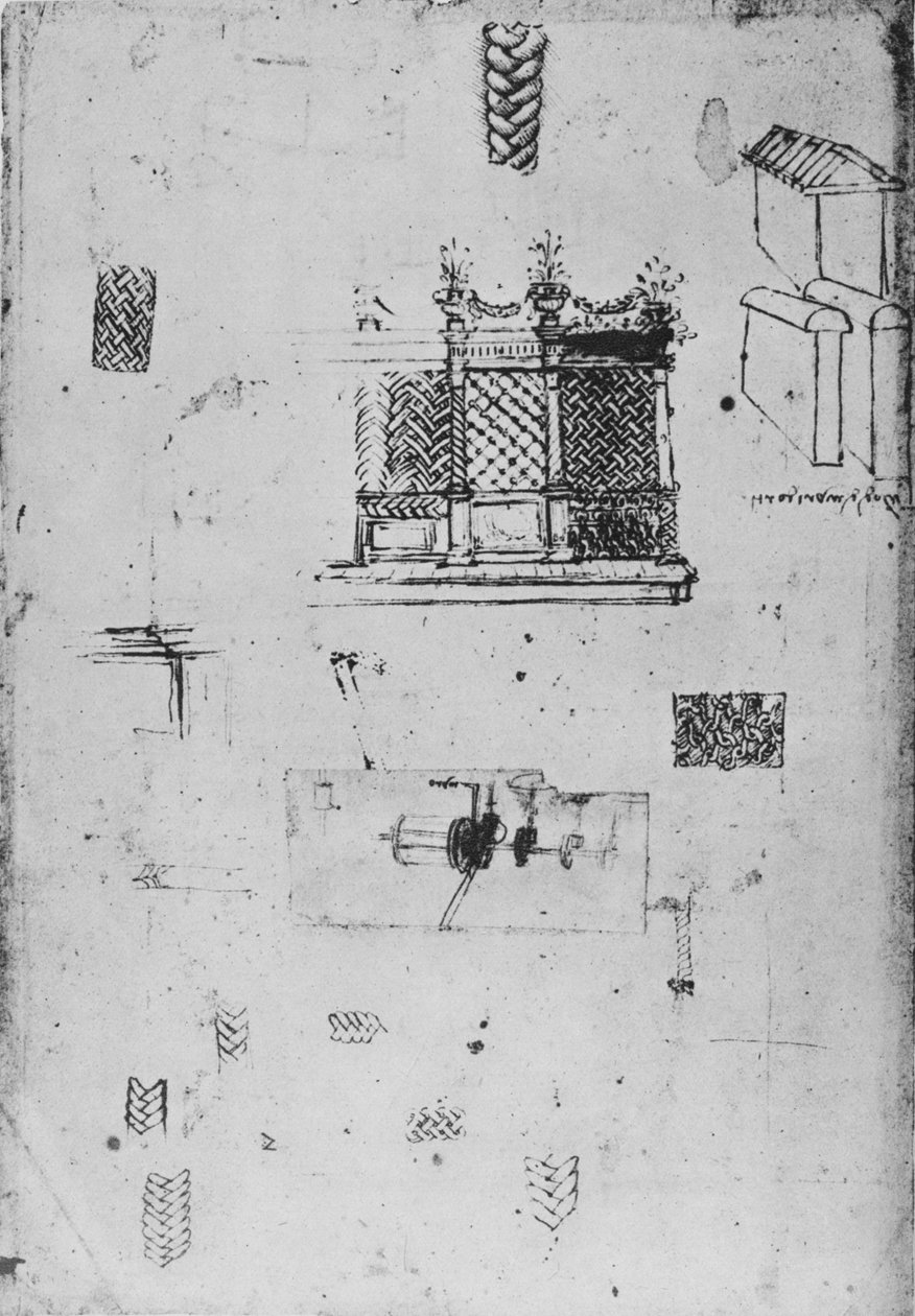 Tegning av en dekorativ skjerm og andre skisser, c1480 1945 av Leonardo da Vinci