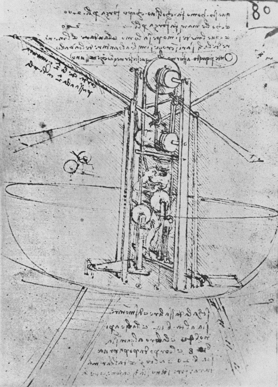 Tegning av en flygende maskin med en mann som betjener den, c1480 1945 av Leonardo da Vinci