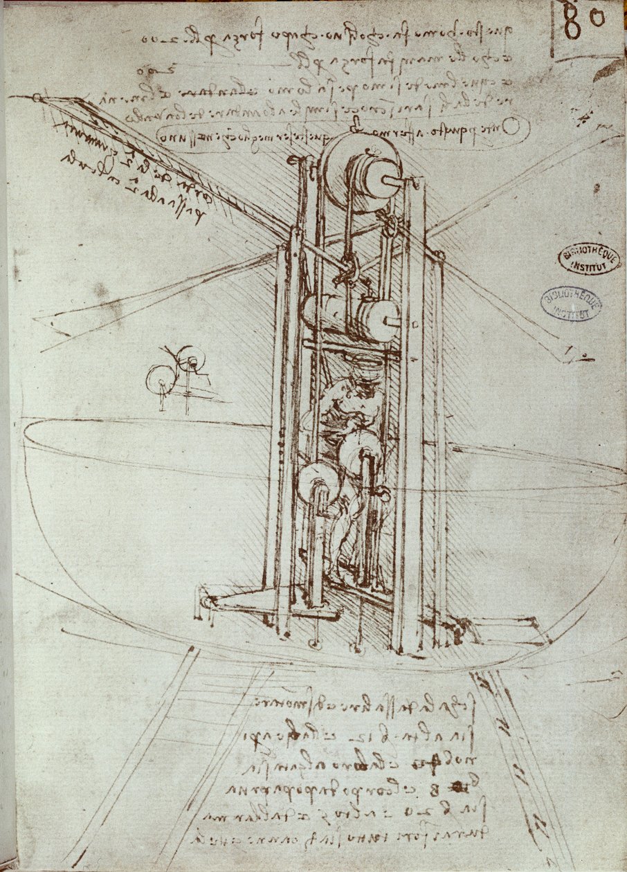 Tegning av flygende fremdriftsmaskin. Manuskript av Leonard De Vinci (Leonardo da Vinci av Leonardo da Vinci