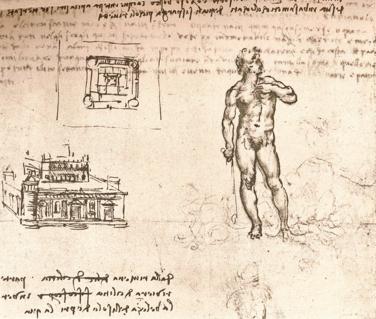 Tegning av planer for et slott, og av en naken figur, vasket med indisk blekk, c1472-c1519 1883 av Leonardo da Vinci
