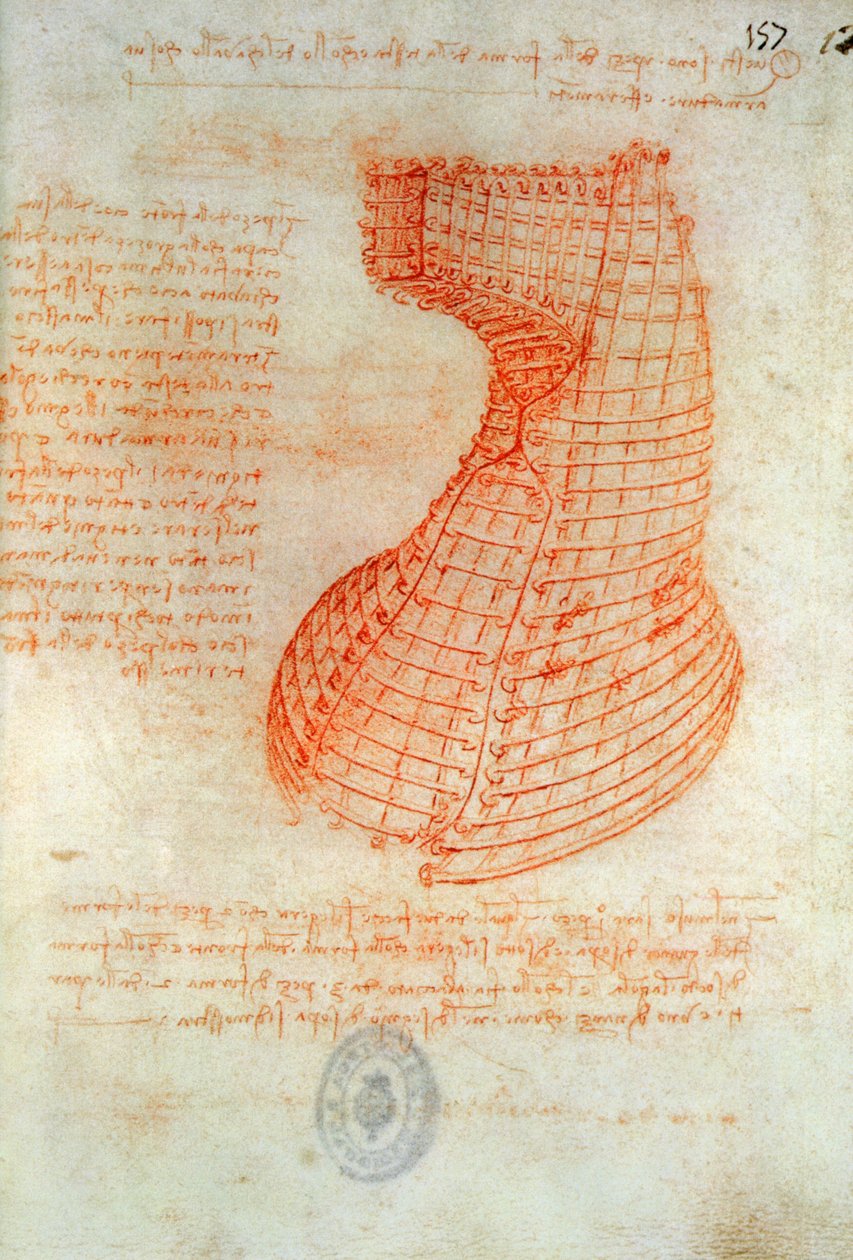Tegning av støpeformen i jernarbeid for hodet til Sforza-hesten, Fol. 57 (recto), fra Codex Madrid I, ca. 1491-93 (penn og brunt blekk på papir) av Leonardo da Vinci