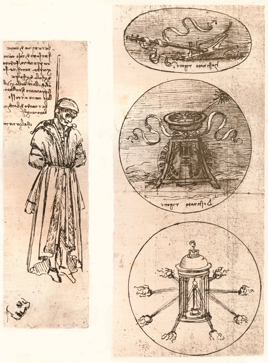 Tegninger av Bernardo di Bandino Baroncelli hengt, og emblemer, c1472-c1519 1883. av Leonardo da Vinci