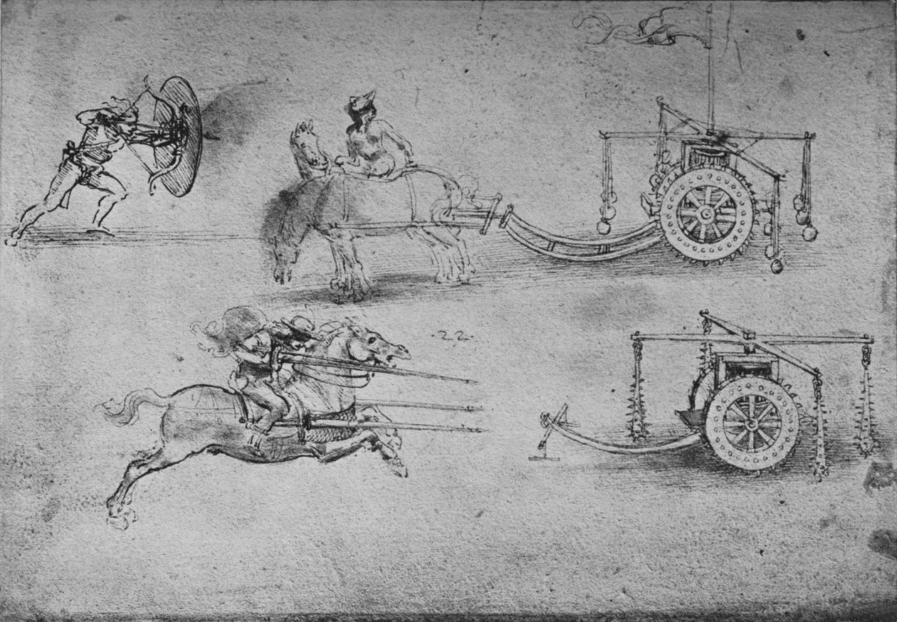 Tegninger av vogner bevæpnet med slager, av en bueskytter med et skjold, c1480, 1945 av Leonardo da Vinci
