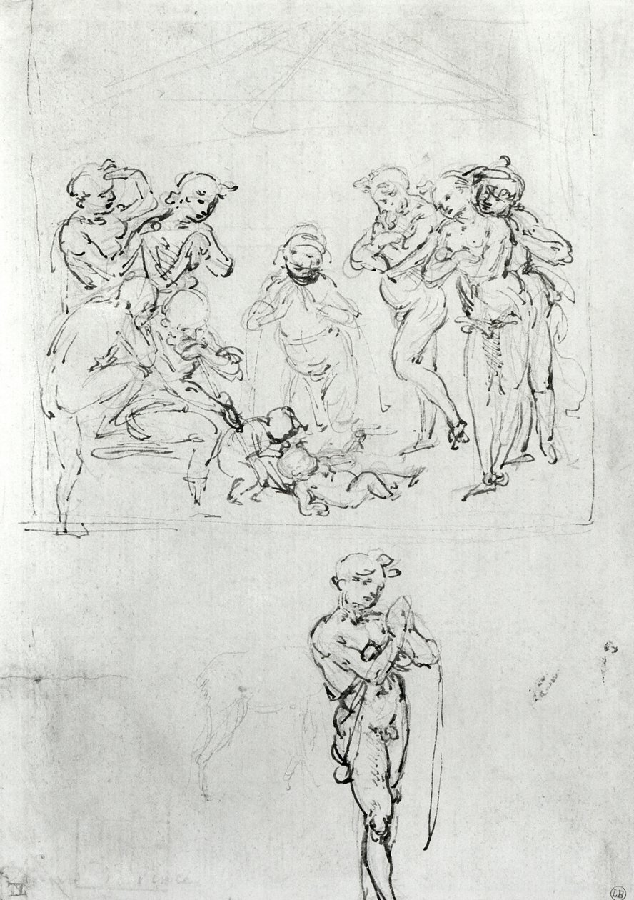 Figural Studies for the Adoration of the Magi, ca. 1481 (penn og blekk og metalpoint på papir) av Leonardo da Vinci
