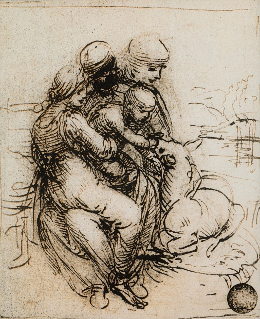 Første idé for Madonna og Child og Saint Ann; tegning av Leonardo da Vinci. Gallerie dell