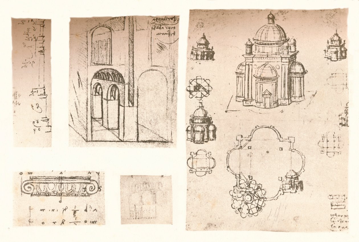 Fem arkitektoniske tegninger, c1472-c1519 1883 av Leonardo da Vinci