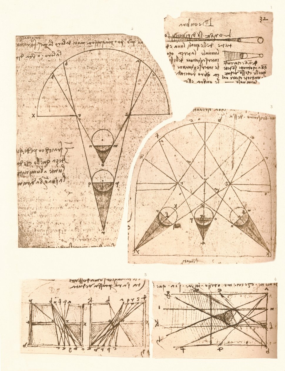 Fem diagrammer som illustrerer teorien om lys og skygge, c1472-c1519 1883 av Leonardo da Vinci