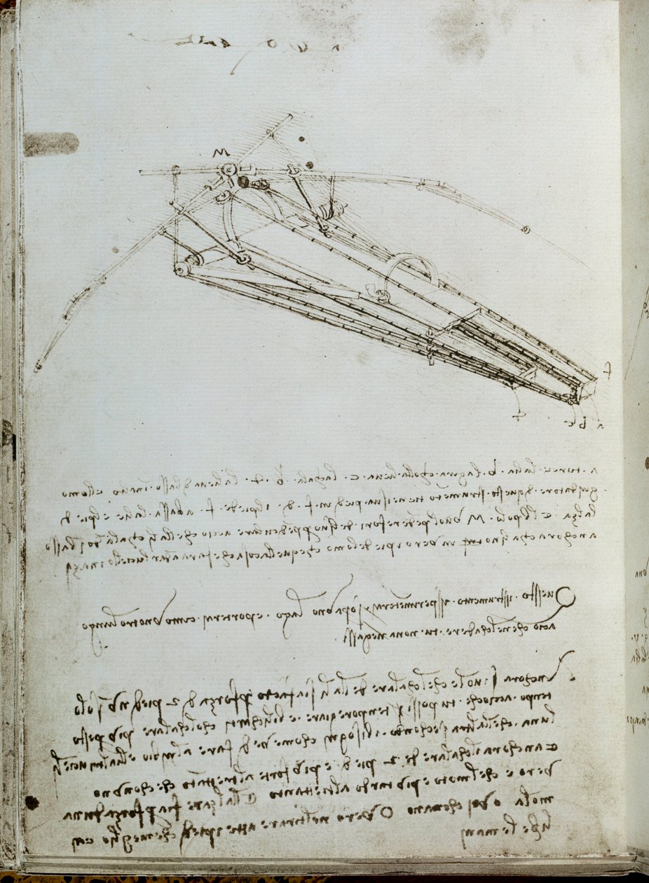 Flyvende maskintegning. Manuskript av Leonard De Vinci (Leonardo da Vinci av Leonardo da Vinci