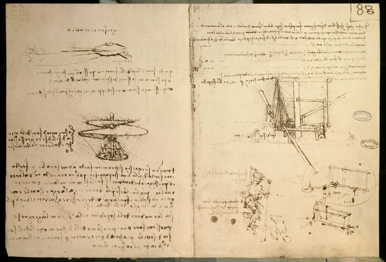 Flyvende maskiner, en av de første tegningene av en helikopterlignende flygemaskin, ca. 1487 av Leonardo da Vinci