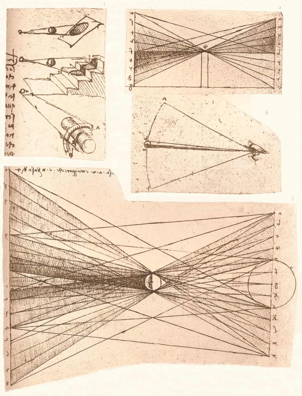 Fire diagrammer som illustrerer teorien om lys og skygge, c1472-c1519 1883. av Leonardo da Vinci