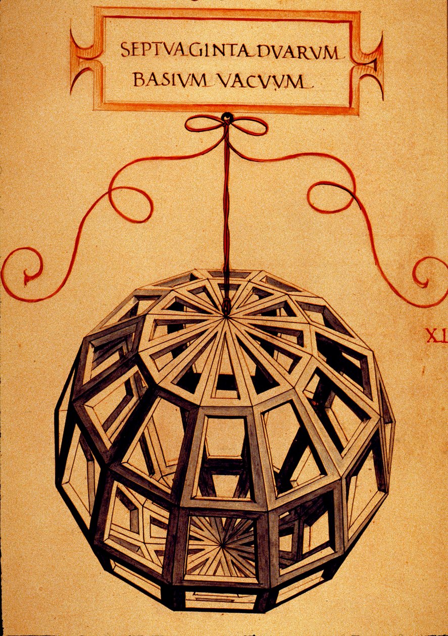 Geometri: "" Et polyeder"" Side hentet fra manuskriptet "" De divina proportione"" (Om guddommelige proporsjoner) av matematikeren Fra Luca Pacioli dit Luca di Borgo (1445-1517) illustrert av Leonardo da Vinci (1452-1519). 1509. av Leonardo da Vinci