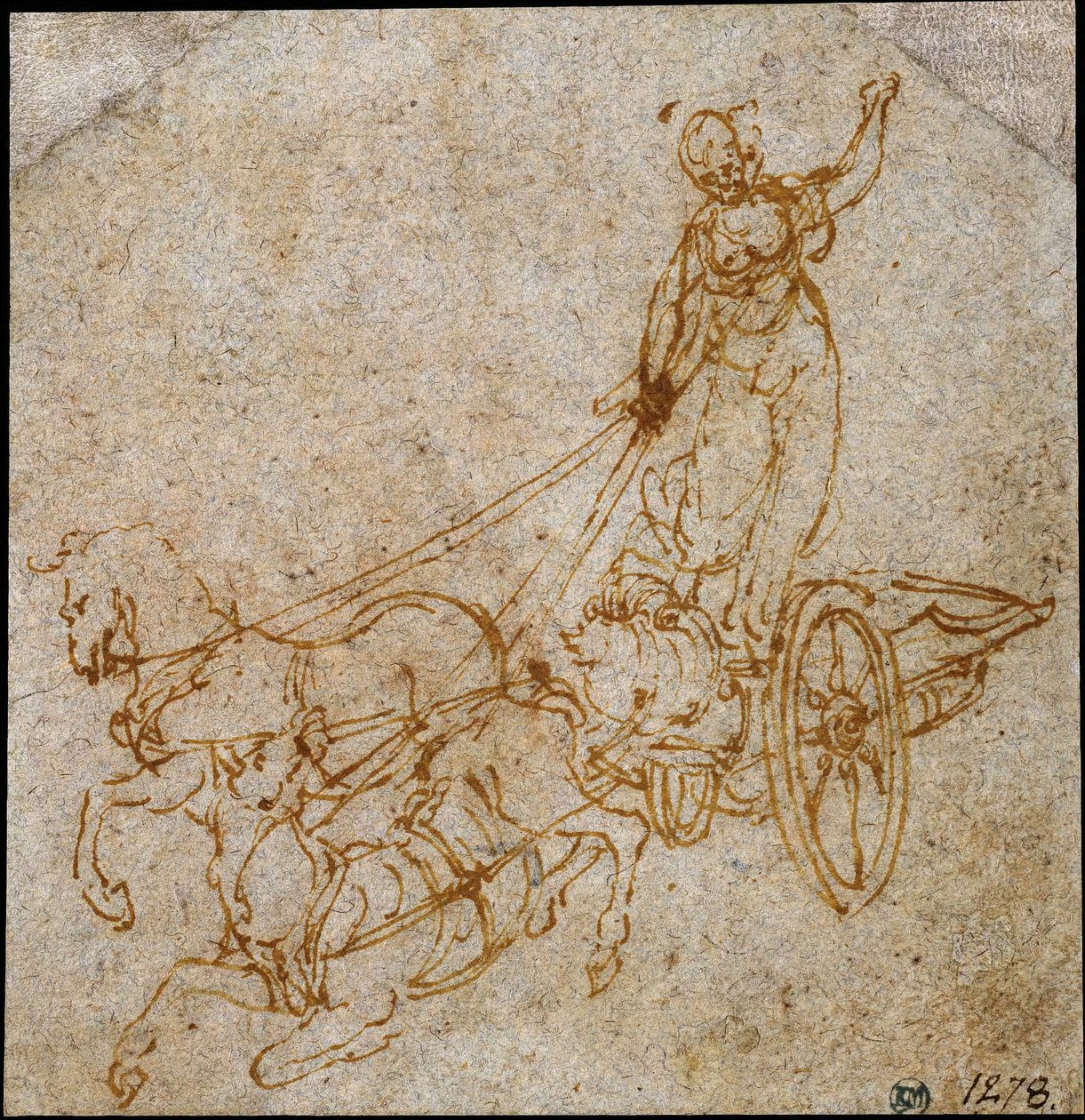 En gudinne som står i en vogn trukket av to hester, hvorav den ene er i ferd med å falle av Leonardo da Vinci
