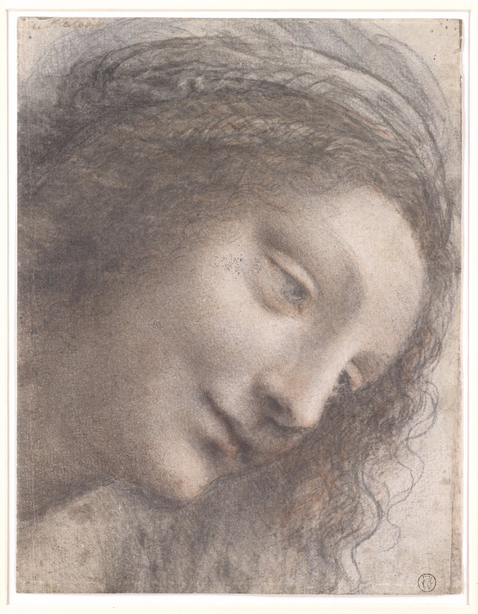 Jomfruens hode, 1508-1512 (svart kritt, kull og rødt kritt, med noen spor av hvitt kritt på kortet) av Leonardo da Vinci