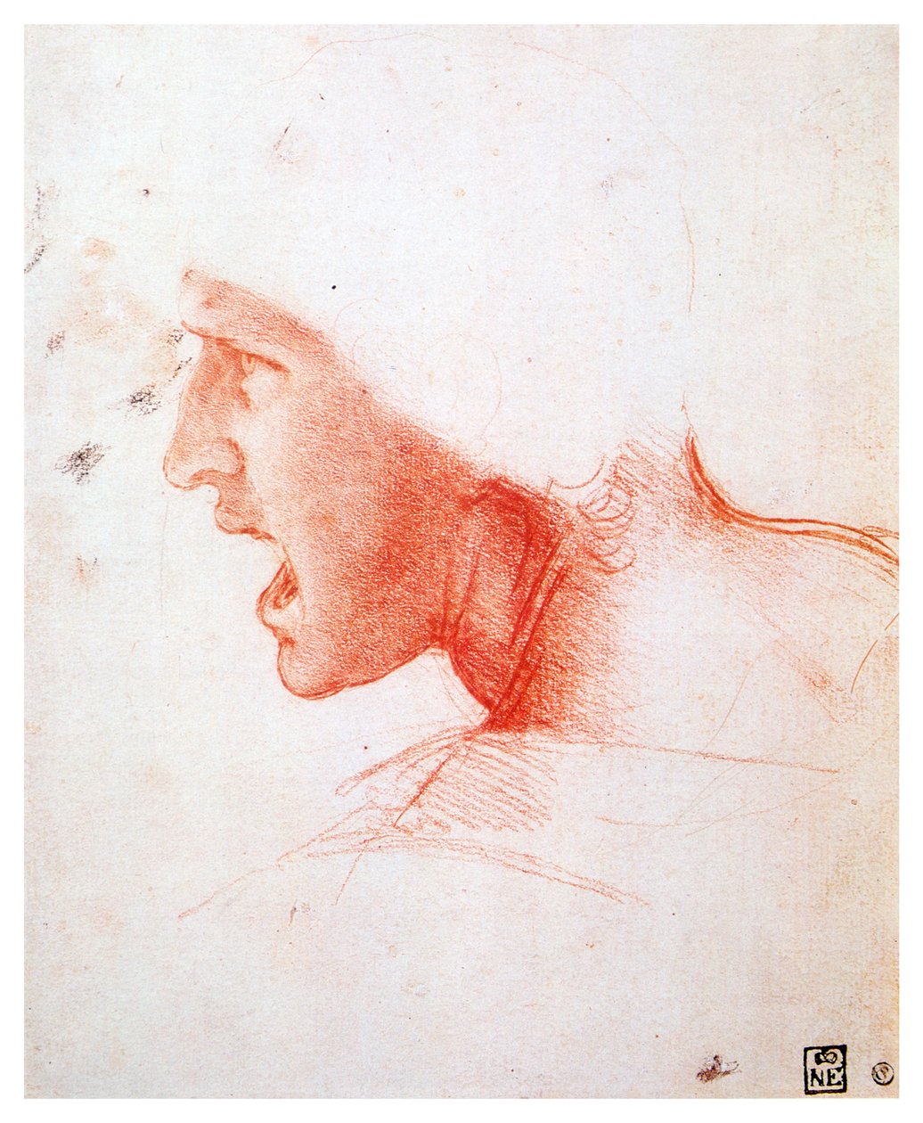 Hodet til en mann som roper i profil til venstre, 1503-1504 av Leonardo da Vinci