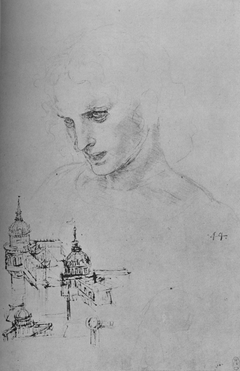 Leder for en apostel og studie av arkitektur, c1480 1945 av Leonardo da Vinci