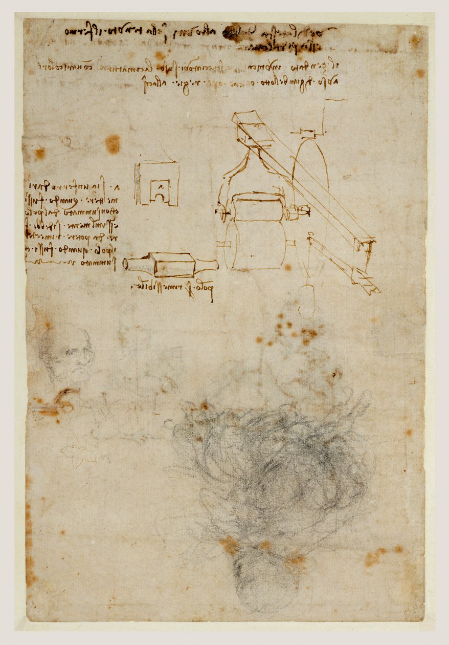 Head of an Old Man and Studies of Machinery, ca. 1503-06 (svart kritt, penn og brunt blekk) av Leonardo da Vinci