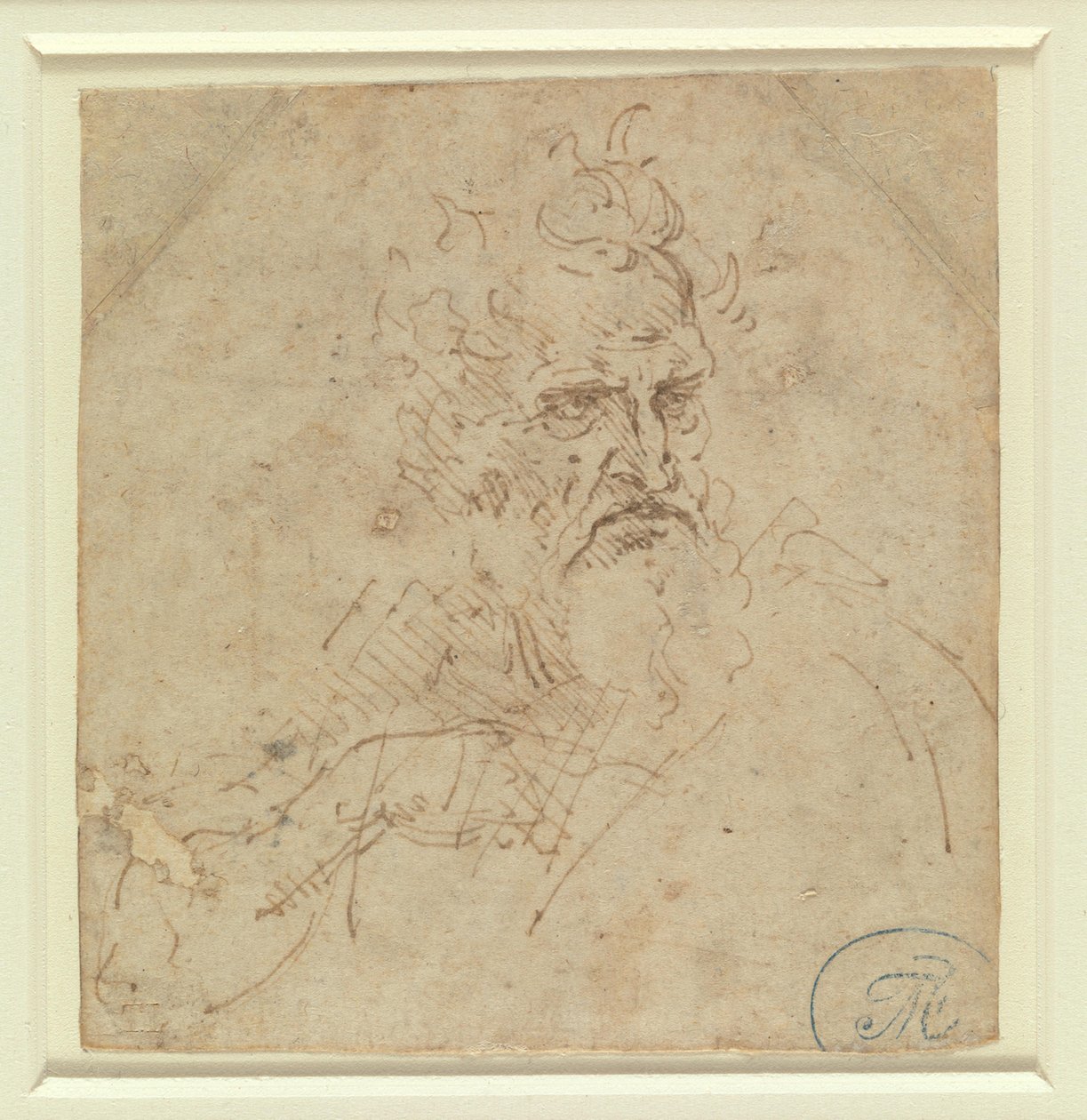 Hodet til en gråhåret mann med et strengt uttrykk og høyre arm av Leonardo da Vinci