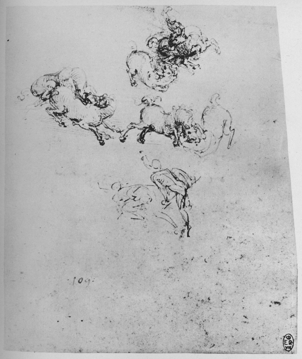 Hester og ryttere i kamp, c1480 1945 av Leonardo da Vinci