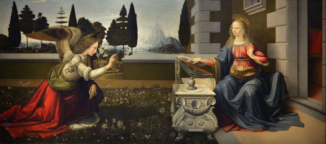 Italia Toscana Firenze, Uffizi-galleriet: Bebudelsen, maleri av Leonardo da Vinci (1452-1519), Olje på tre, ca. 1472-1475, 98x217 cm av Leonardo da Vinci