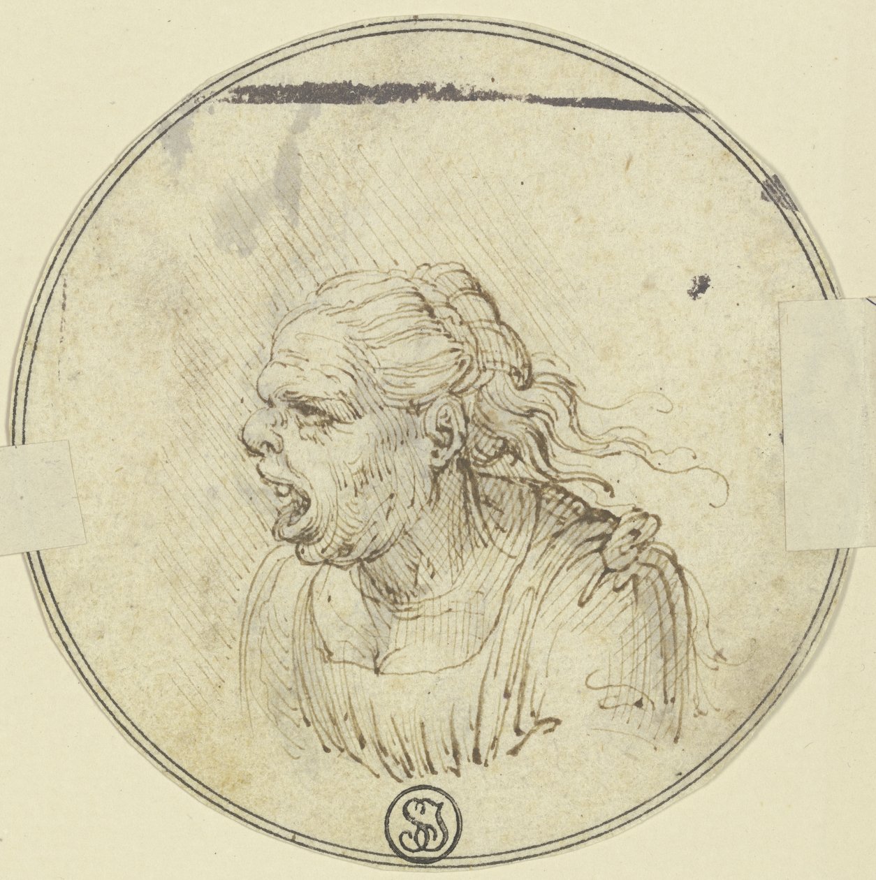 Karikatur av en kvinne med åpen munn, brystbilde, sett i profil mot venstre av Leonardo da Vinci