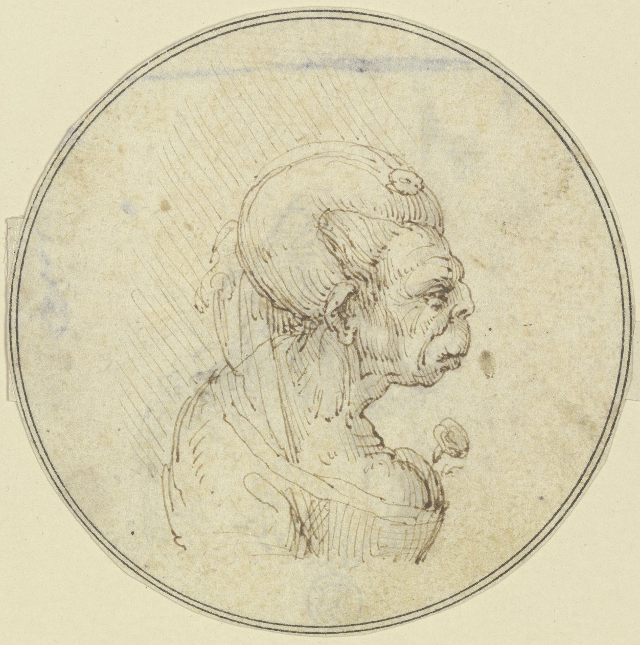 Karikatur av en gammel kvinne, brystbilde med en rose i brystet, sett i profil mot høyre av Leonardo da Vinci