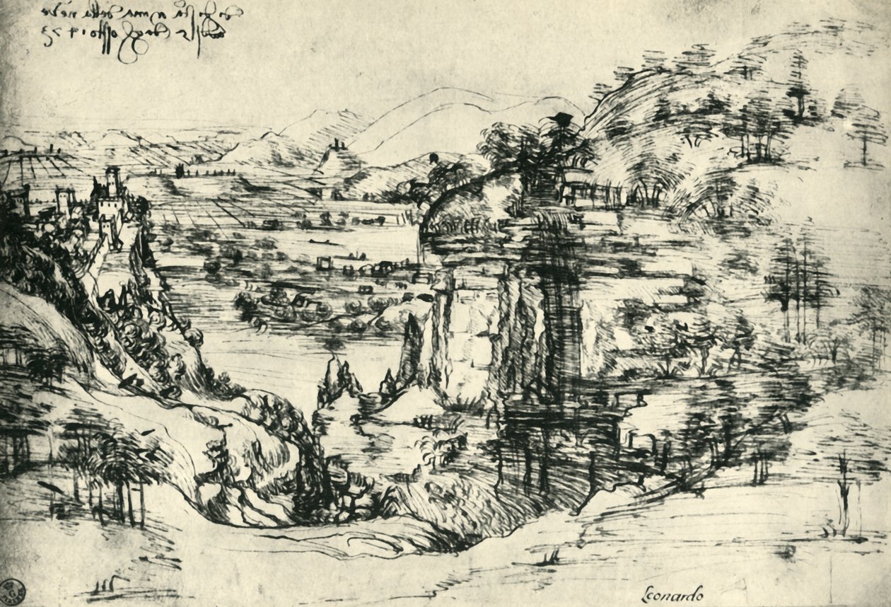Landskapstegning for Santa Maria della Neve 5. august 1473, 1943. av Leonardo da Vinci