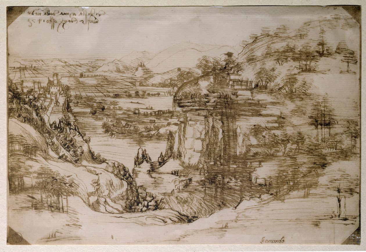 Landskapet til Santa Maria della Neve: landskapet i Arno-dalen (blyanttegning av Leonardo da Vinci