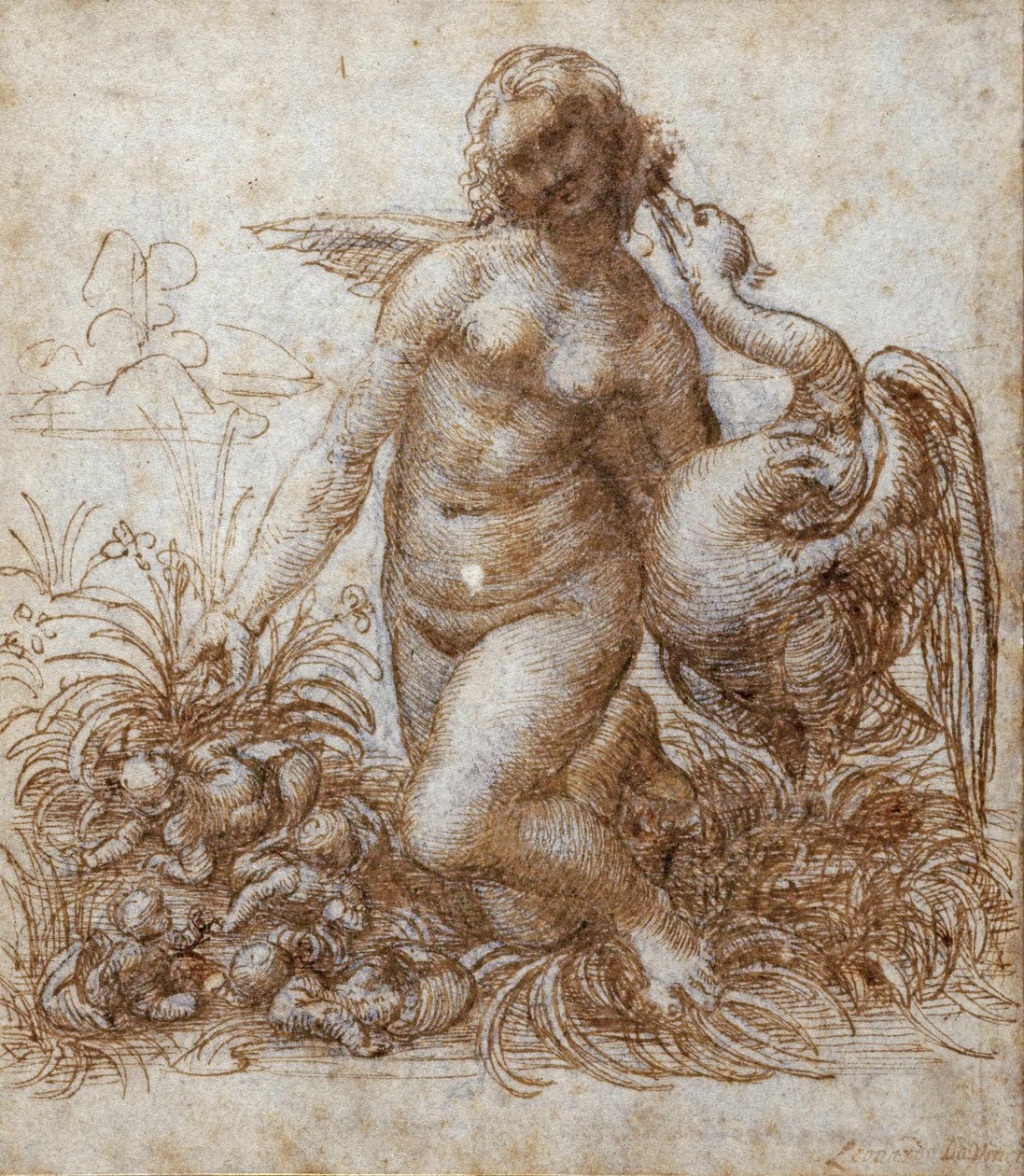 Leda og svanen (penn og brunt blekk over svart kritt på papir) av Leonardo da Vinci