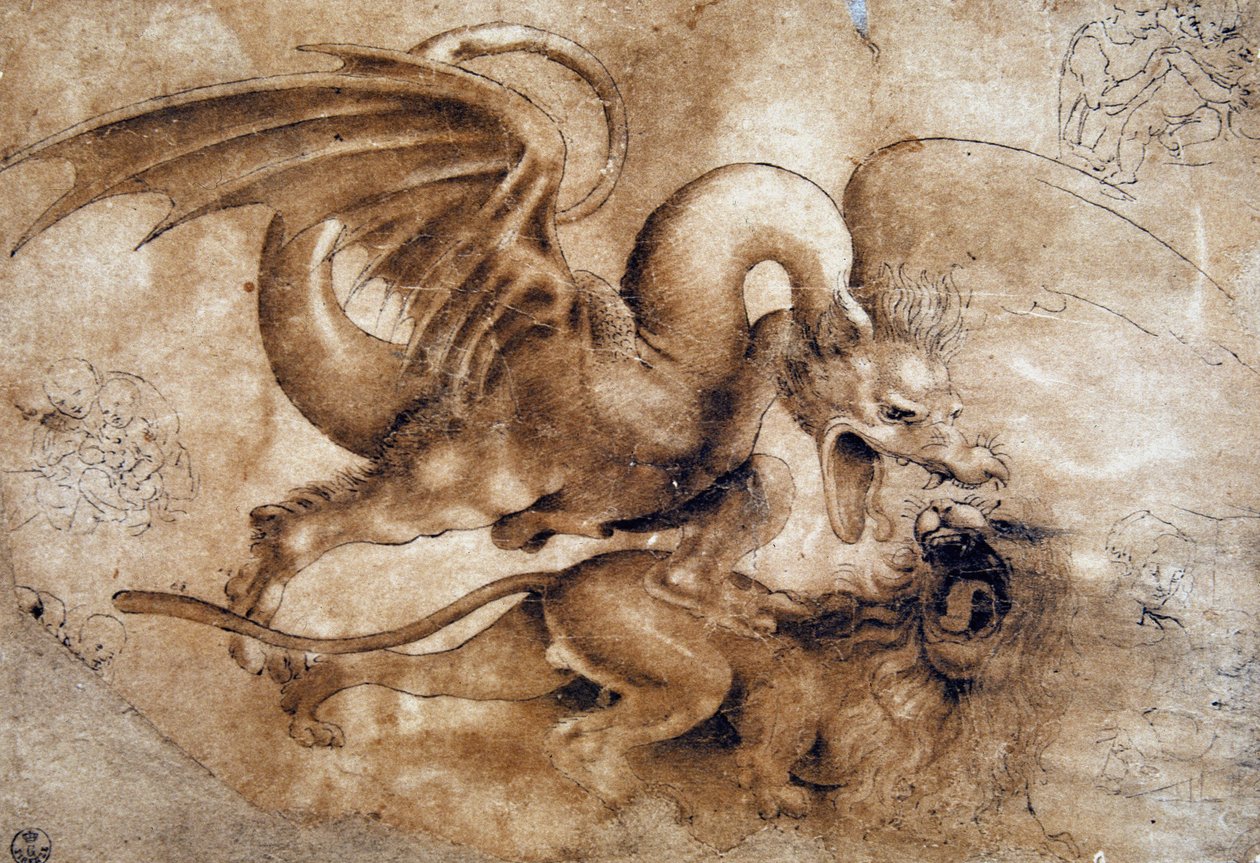 Leonardo da Vinci (Leonardo da Vinci) (1452 - 1519): Kamp mellom en løve og en drage, GDSU 435 E (Imagine) av Leonardo da Vinci