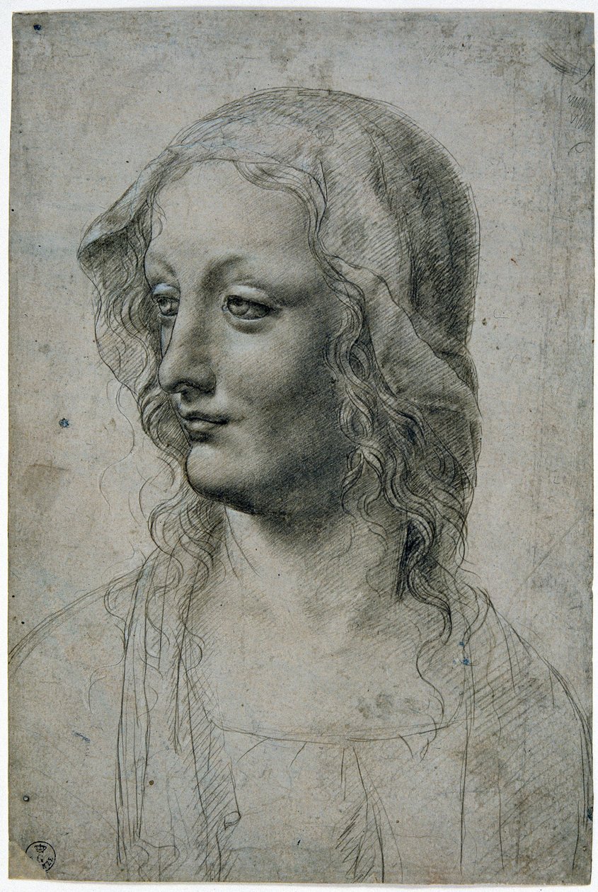 Maestro della Pala Sforzesca (milanesisk elev av Leonardo da Vinci), kvinnelig hode med slør kanskje en studie for jomfruen, GDSU 426 E av Leonardo da Vinci