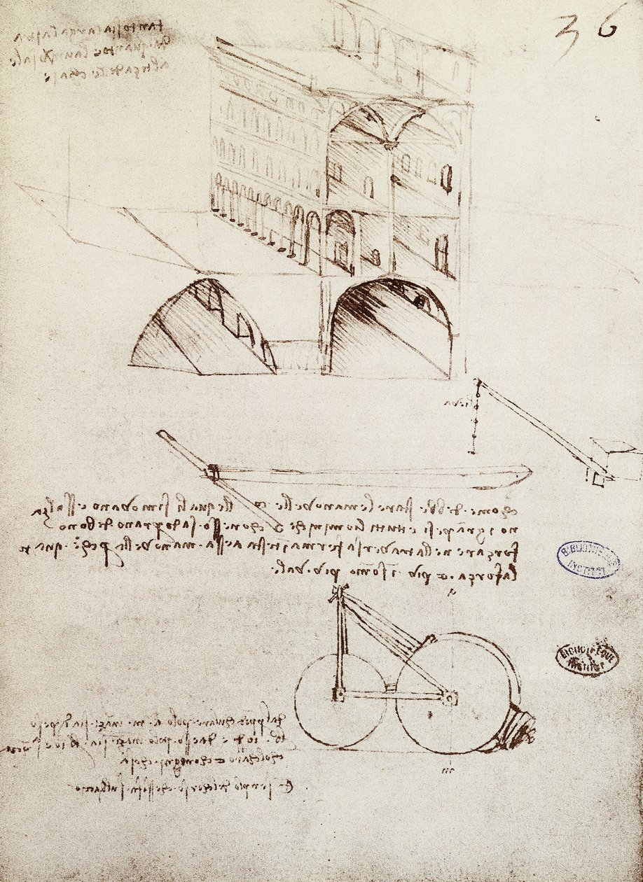Manuskript B, f 36 r Arkitektstudier, utvikling og deler av bygninger i by med hevede gater (penn og blekk på papir) av Leonardo da Vinci