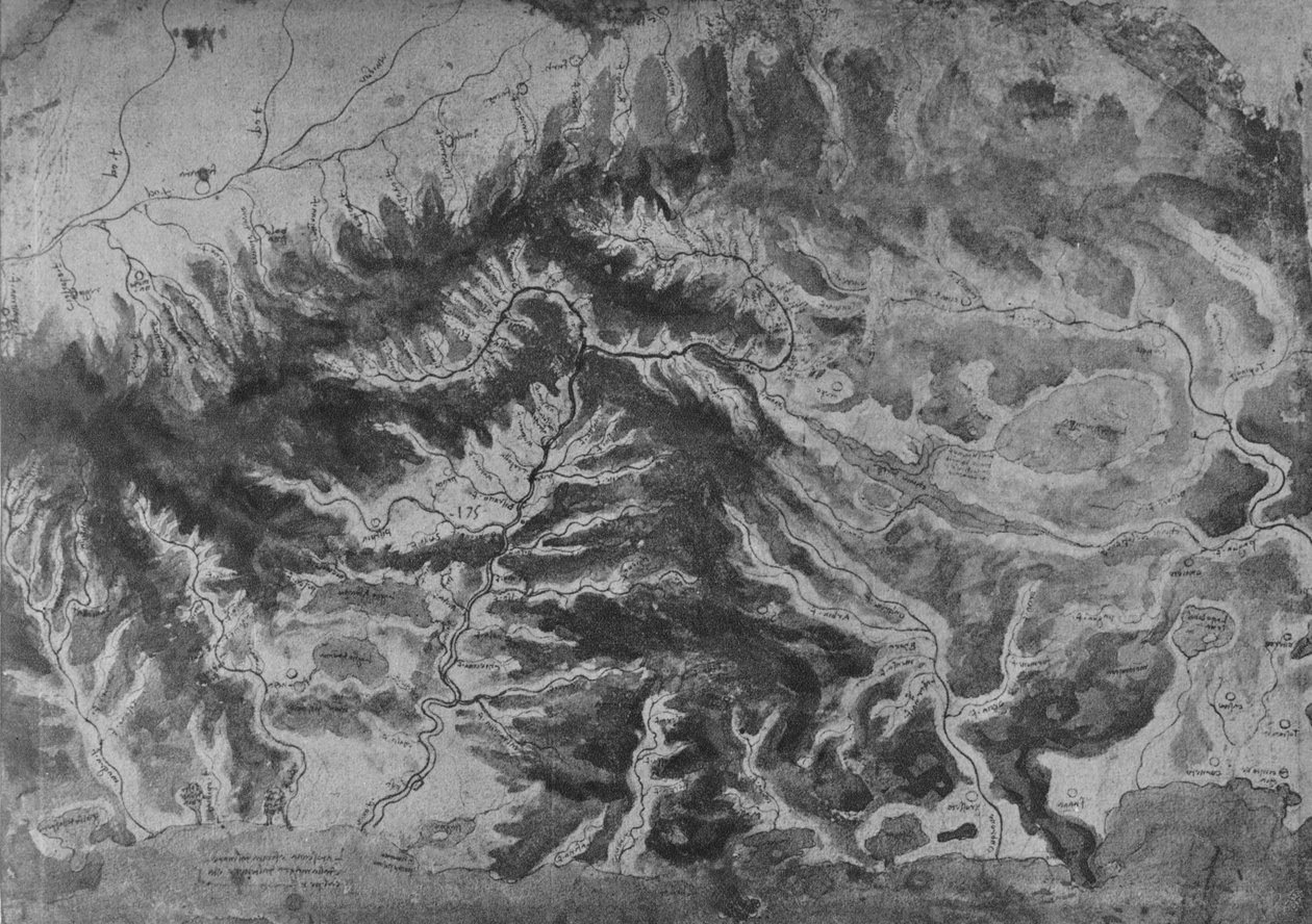 Kart over Nord-Italia, Viser vannskillet til Arno, c1480 1945 av Leonardo da Vinci