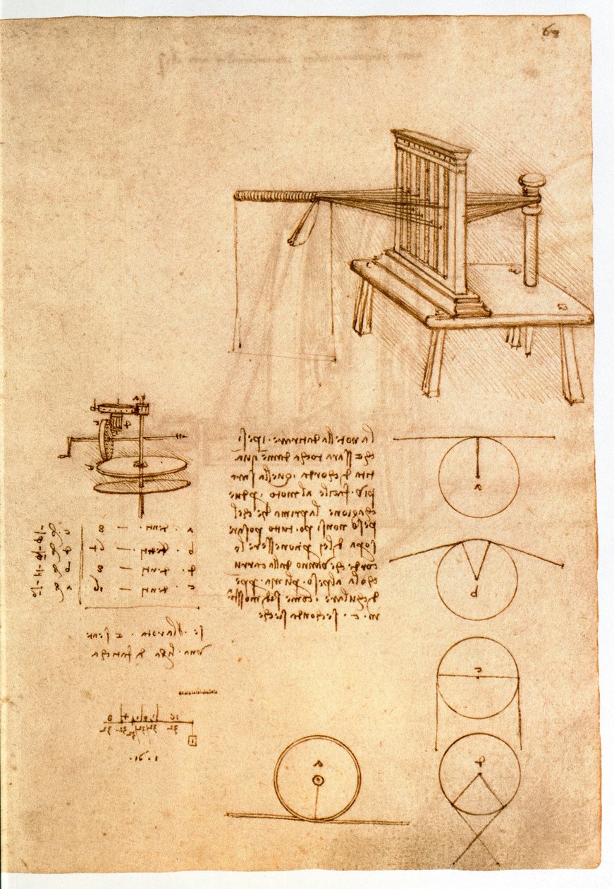Ms 8937 fol.68r Studie for en tekstilmaskin, 'Codex Madrid I', c.1493-97 (penn og blekk på papir) av Leonardo da Vinci