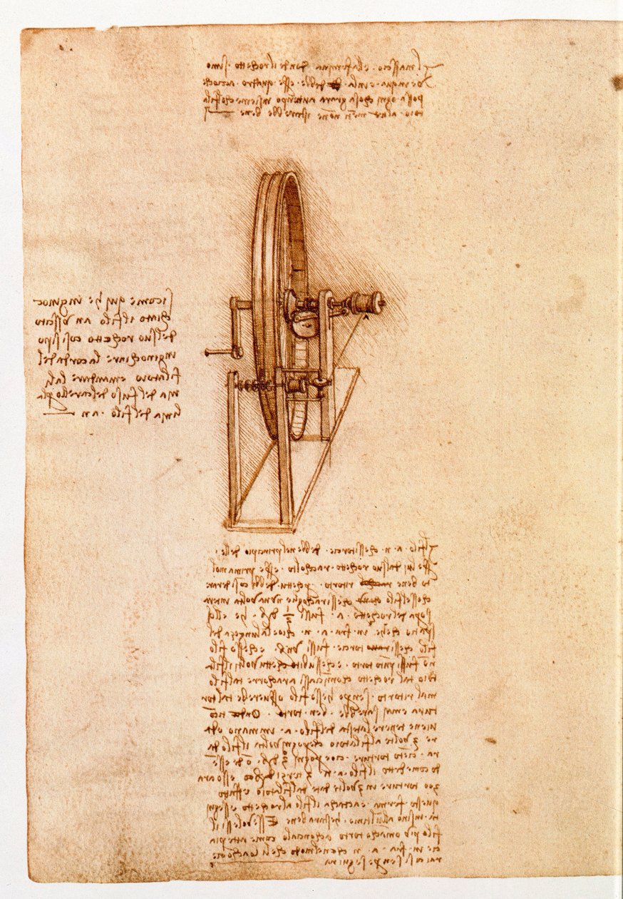 Ms 8937 fol. 65v Studie for et spinnende hjul, 'Codex Madrid I', ca. 1493-97 (penn og blekk på papir) av Leonardo da Vinci