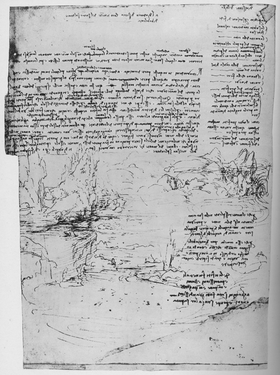 Side med tekst med skisser av landskap, c1480 1945 av Leonardo da Vinci