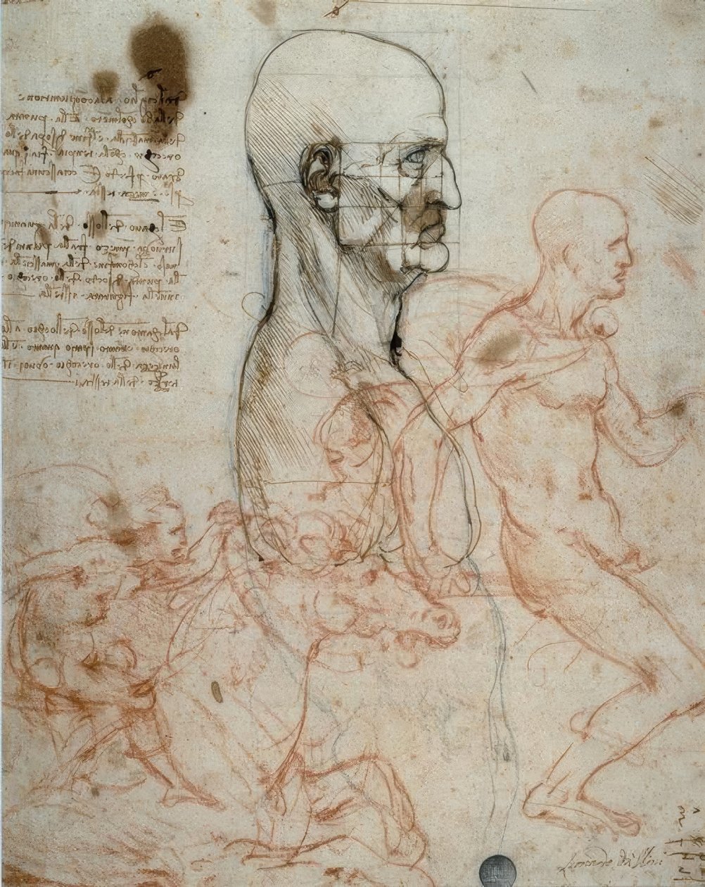 Proporsjonsskjema for menneskehodet og ridestudier av Leonardo da Vinci