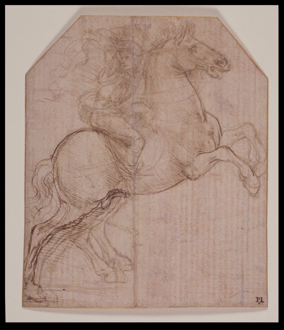Rytter på oppveksthest, ca. 1481-82 (sølvspiss, penn og brunt blekk på forberedt papir) av Leonardo da Vinci