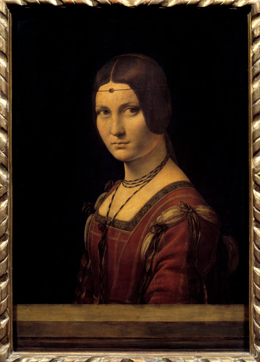 Riratto di dama. Portrett av en dame fra hoffet i Milano, sa feilaktig "" det vakre jernverket""". Maleri av Leonardo da Vinci (Leonardo da Vinci) (1452-1519) Søn fra 1400-tallet. 0,63x0,45m. - Riratto di dama. Portrett av en hoffdame i Milano, w av Leonardo da Vinci