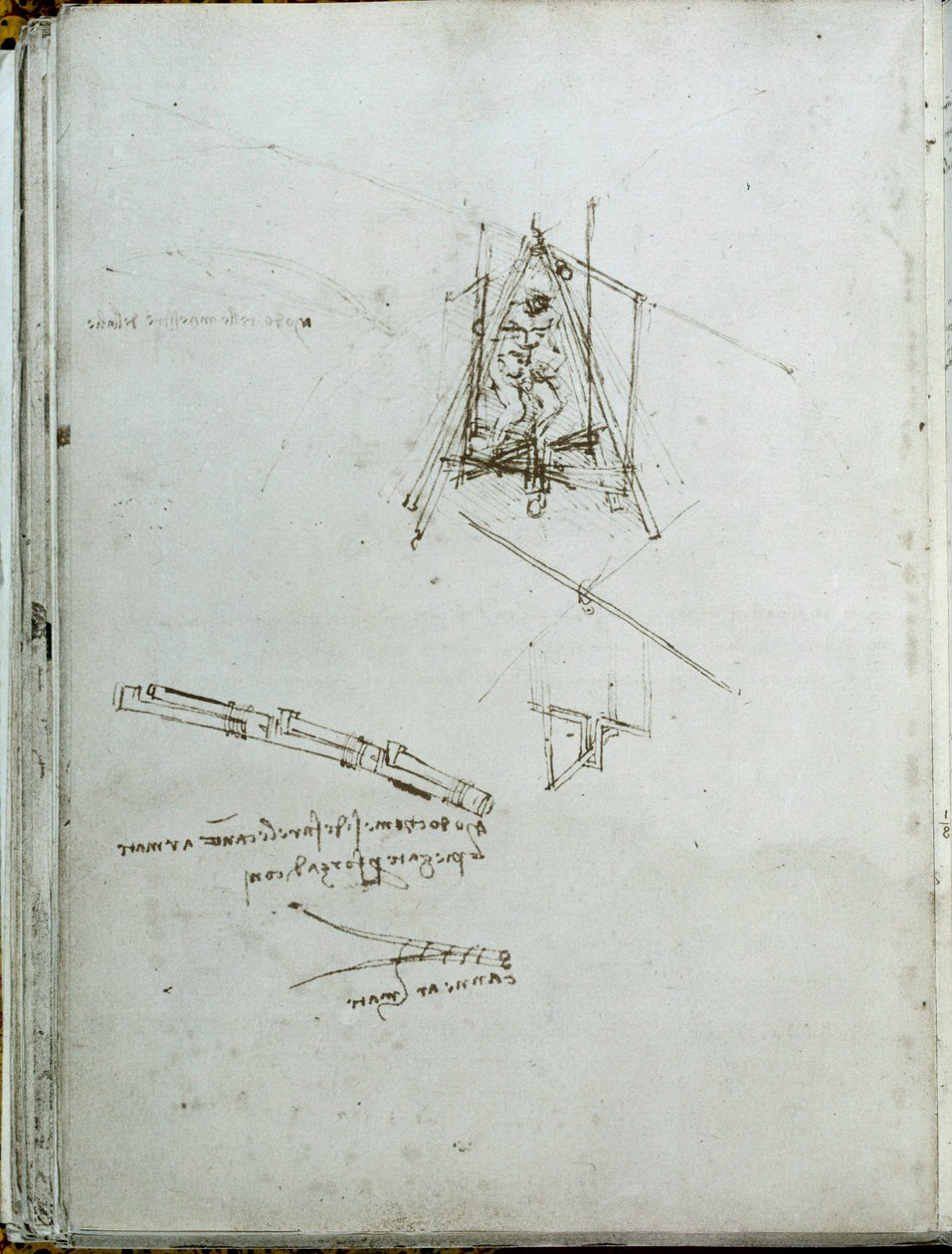 Vitenskap og teknologi: manuskript om flygende maskiner, helikopters stamfar. Boken til Leonardo da Vinci (Leonardo da Vinci) (1452-1519). Rundt 1487. Paris, biblioteket ved Institut de France av Leonardo da Vinci