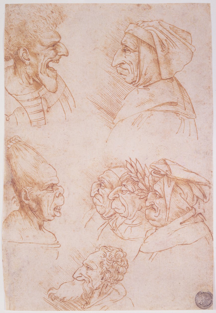 Syv studier av groteske ansikter (rødt kritt på papir) av Leonardo da Vinci